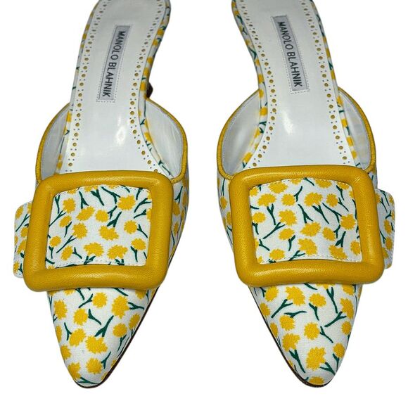Manolo Blahnik Printed Buckle Mules Maysale EU 38 Floral Cotton Slip On Heels - Picture 3 of 10